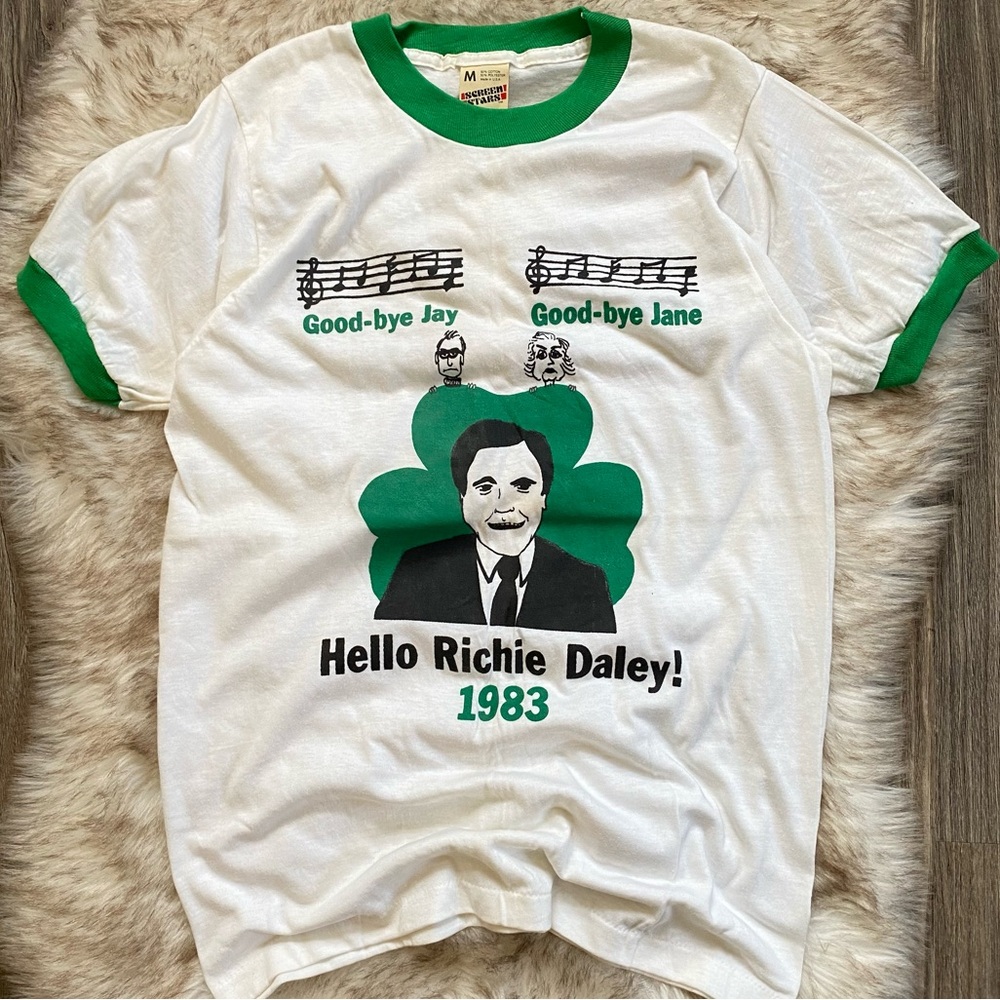 Vintage 1983 Chicago Mayor Richard Daley Screen Stars Ringer Tee TShirt